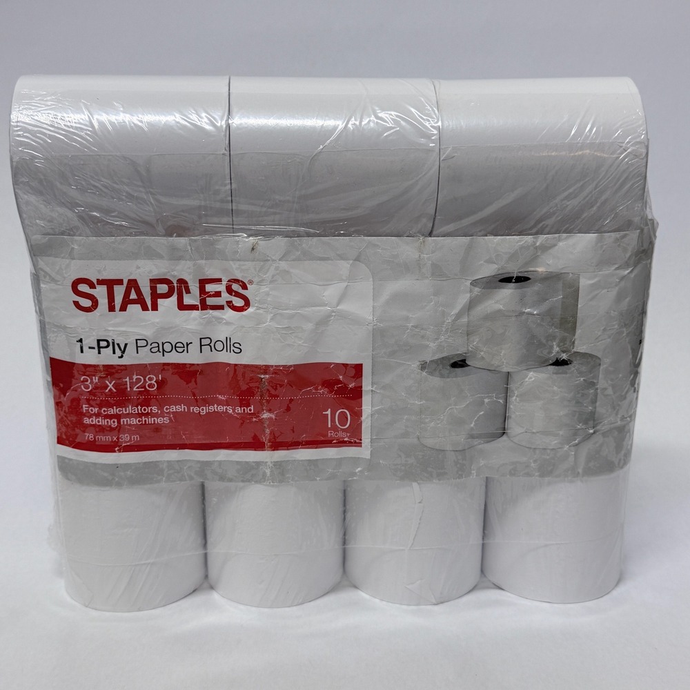 Staples 1-Ply Paper Rolls 3in x 128ft White 10 Pack for Cash Registers